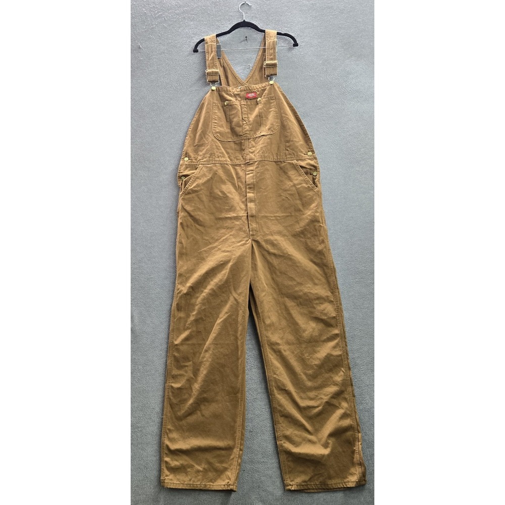 Dickies Men Bib 42 Brown Overalls Canvas Workwear Button 30" Inseam Y2K